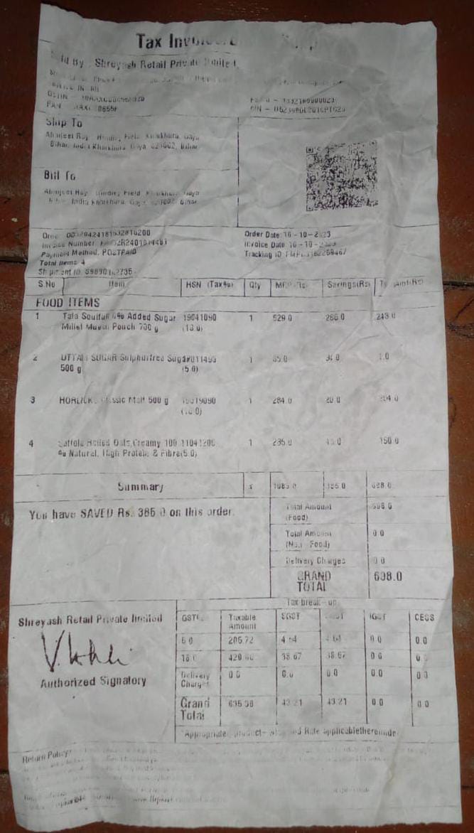 naresh_roy's tweet photo. My grand parents only mistake was they provided the OTP without opening the package and your Delivery guy also didn't bother to open it up.

When opened these are the items received and also attaching the bill. How can you guys, deliver someone's else order? That 2 packets open? https://t.co/3O9Q1LVrCh