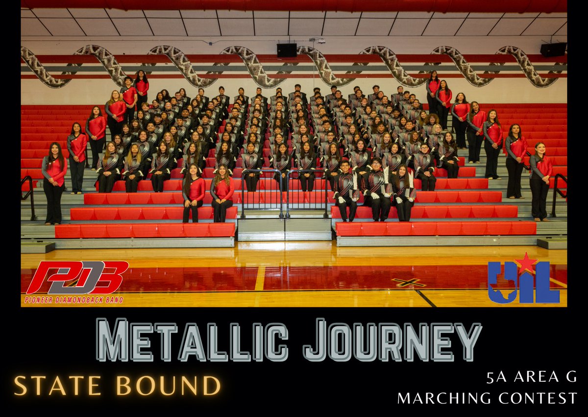 Congratulations to the Pioneer Diamondback Band for earning a spot at the prestigious Texas State Marching Competition on November 6 in San Antonio. This is the 5th consecutive time the band has qualified for the Texas State Marching Contest. 

PDB is STATE BOUND ⚙️⛓️