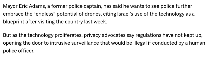 Bit of an irony that these protests are the first real test of the NYPD's expanded drone surveillance practices, given @NYCMayor has credited Israel with inspiring the shift. apnews.com/article/drones…