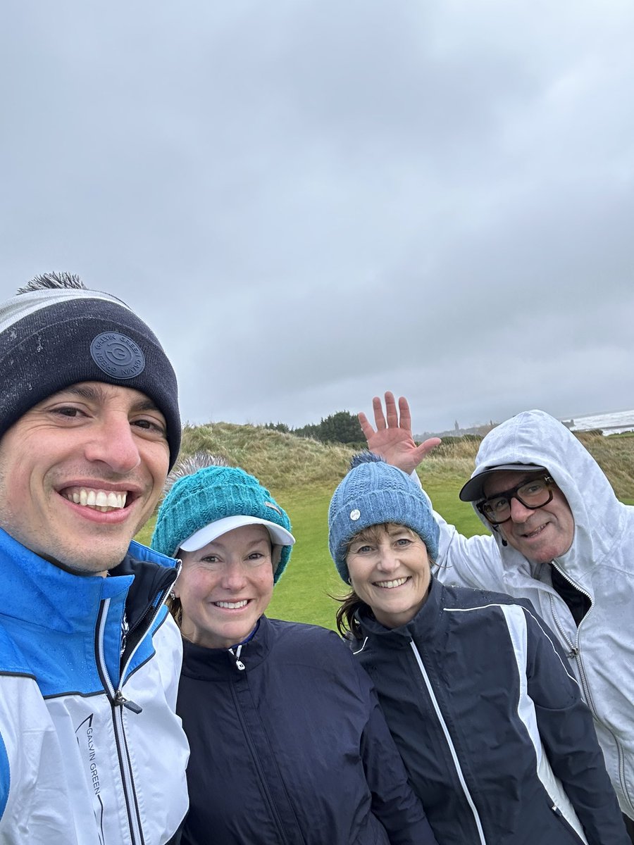 MikeHarrisGolf's tweet image. Very wet, very windy but very fun 9 holes on the Castle Course @TheHomeofGolf this afternoon with @joeltadman @AlisonRoot1 &amp;amp; @katgolf14 
A great warm up for the main event tomorrow... a first ever round on the Old Course for Joel, Alison &amp;amp; Katie. Excitement levels are HIGH! ⛳️