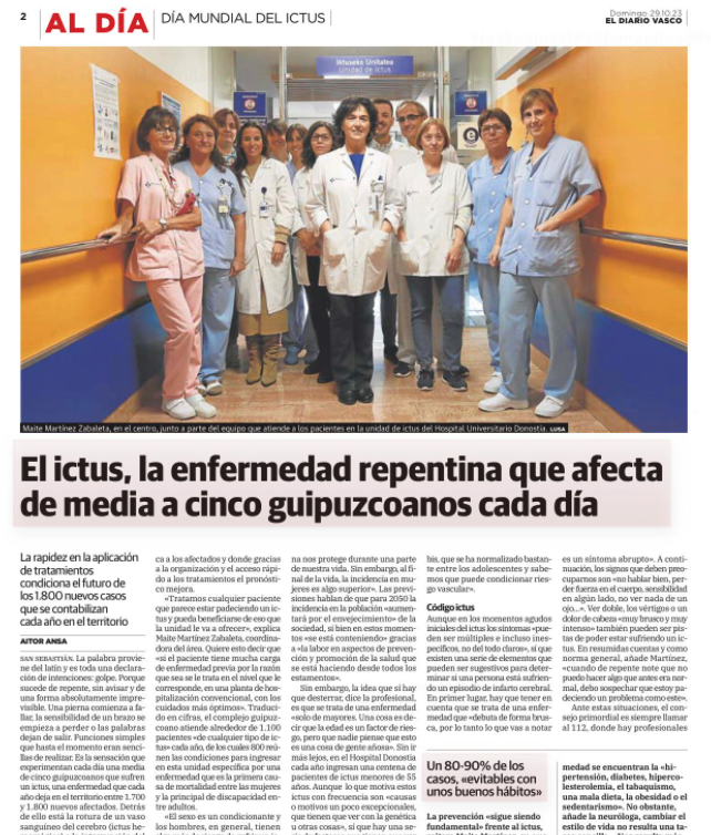 osakidetzaEJGV's tweet photo. #DíaMundialDelIctus Reportaje en @diariovasco: "El ictus, la enfermedad repentina que afecta de media a cinco guipuzcoanos cada día"

🏥 Participa Maite Martínez Zabaleta, del equipo que atiende a los pacientes en la unidad de ictus @DonostiakoOsp 

➕ https://t.co/jt0uxFYzrv https://t.co/uwEBX0Y5fw