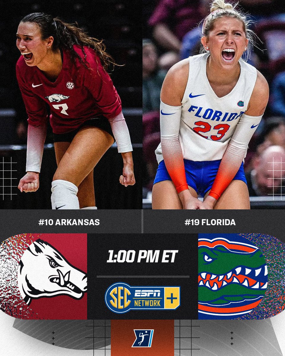 🏐 TUNE IN 🏐

No. 10 <a href="/RazorbackVB/">Razorback Volleyball</a> 
🆚
No. 19 <a href="/GatorsVB/">Gators Volleyball</a> 

⏰ 1 PM ET
💻 SECN+

#NCAAWVB