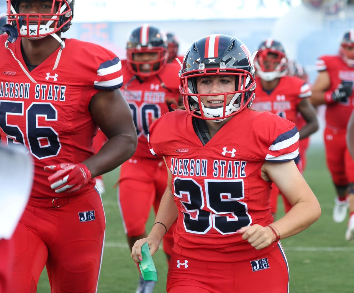 Jackson State’s Leilani Armenta became the first woman to score in an FCS HBCU game, kicking three extra points in the Tigers' 40-14 SWAC victory over Arkansas-Pine Bluff on Saturday. (Charles A. Smith/JSU Athletics)