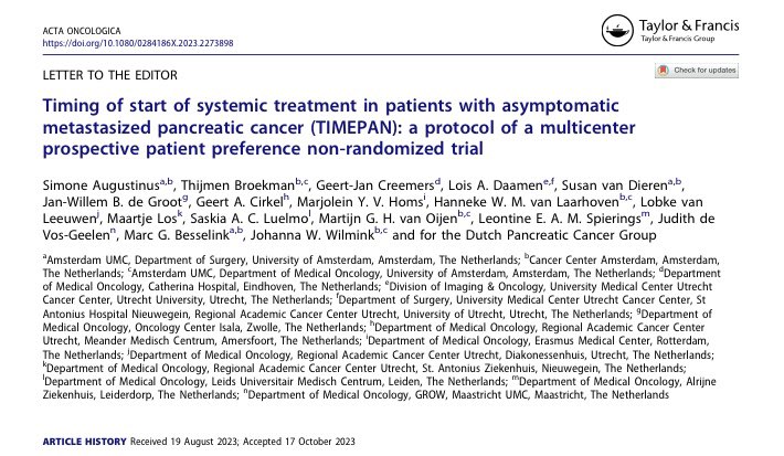 New study by @DPCG_official: TIMEPAN trial ⏰ Asymptomatic metastatic PDAC: ▶️Immediate start chemotherapy ⏸️Start when symptoms occur Primary outcome: quality adjusted survival 👩🏼‍⚕️ ➡️Full protocol: pubmed.ncbi.nlm.nih.gov/37897803/