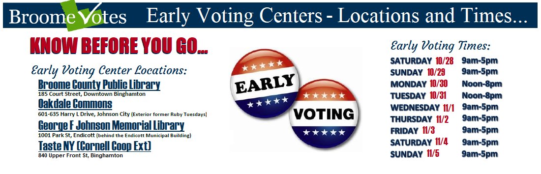 BroomeVotes's tweet photo. Broome County's four Early Voting Centers are open daily from 10/28-11/5.  Expecting to be busy or on the road for Election Day, no problem, VOTE EARLY! https://t.co/MJ8OJKNq2r