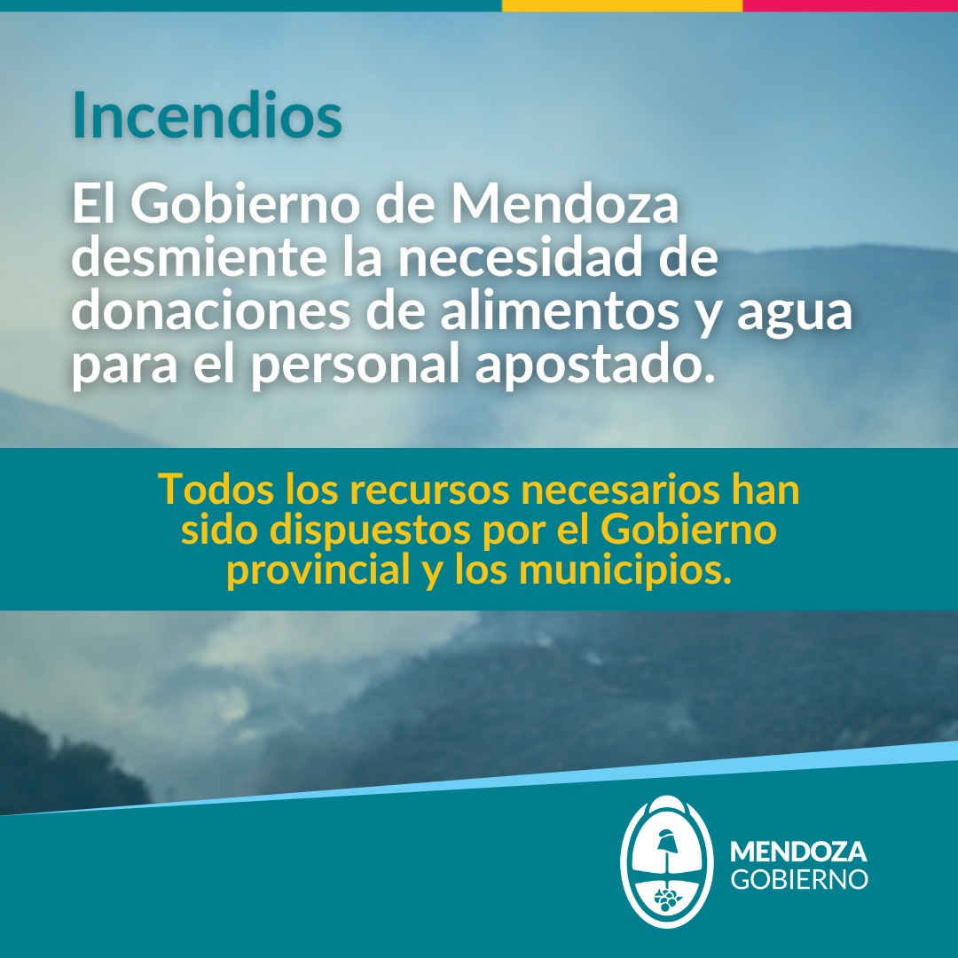 ⚠️El Gobierno de Mendoza desmiente la necesidad de donaciones de alimentos y agua para el personal apostado.

Todos los recursos necesarios han sido dispuestos por el Gobierno provincial y los municipios.