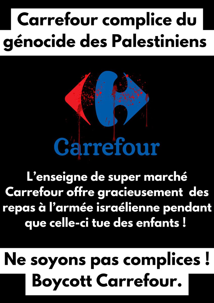 MoonMonira's tweet photo. La complicité de Carrefour dans le génocide des palestiniens de Gaza est inacceptable. #BoycottCarrefour 🇵🇸 https://t.co/vsiH7i0BS5