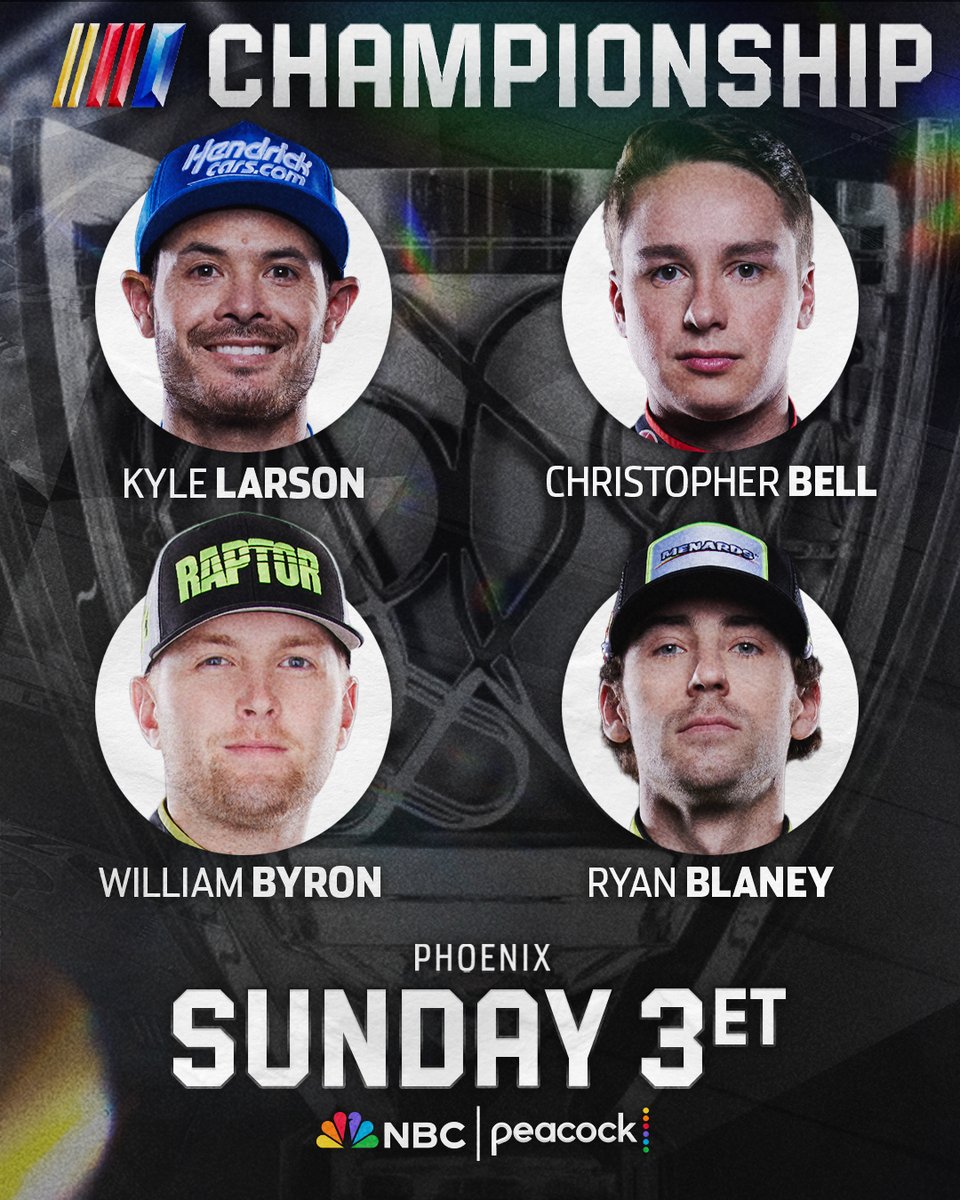 NASCARonUSA's tweet photo. The #Championship4 is set!

REPOST to congratulate @KyleLarsonRacin, @CBellRacing, @WilliamByron and @Blaney on advancing to the @NASCAR championship! https://t.co/G2LlV0B8Tw
