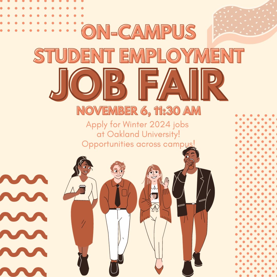 OUcasadv's tweet photo. Oakland University is looking for student employees!
Explore on-campus employment opportunities at this in-person career fair on November 6!

Positions range from resident assistants to desk attendants and anything in between. 🧵 https://t.co/lYrfkDP7Un