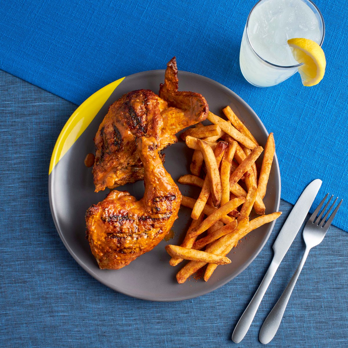 Our ½ chicken & chips: it’s a classic for a reason. What spice level are you getting?