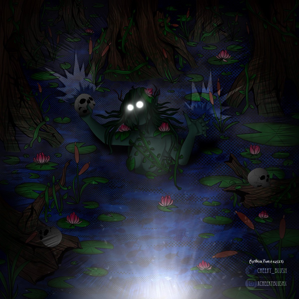 4th week of #criptober is done! prompt is: mother nature . I did a swamp with a mysterious humanoid creature living in its waters. they say you can see it at night.. will you? 🪷🌾
