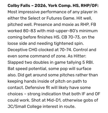 colbyfalls_'s tweet photo. Thank you @diamondprospect for the invite to the Futures All Star game and for allowing me to showcase my abilities this fall. @YCHSbaseball https://t.co/0X5GhiktxT