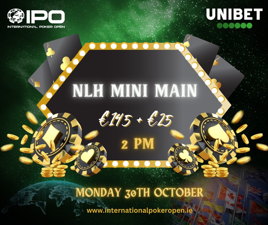 IPO2019's tweet image. No Luck in the Main Event?
Try your luck again in the NLH - Mini Main €145+€25 at 2 pm on Monday, 30th Oct.

#IPO #Dublin #Poker #Festival #Mini #MainEvent