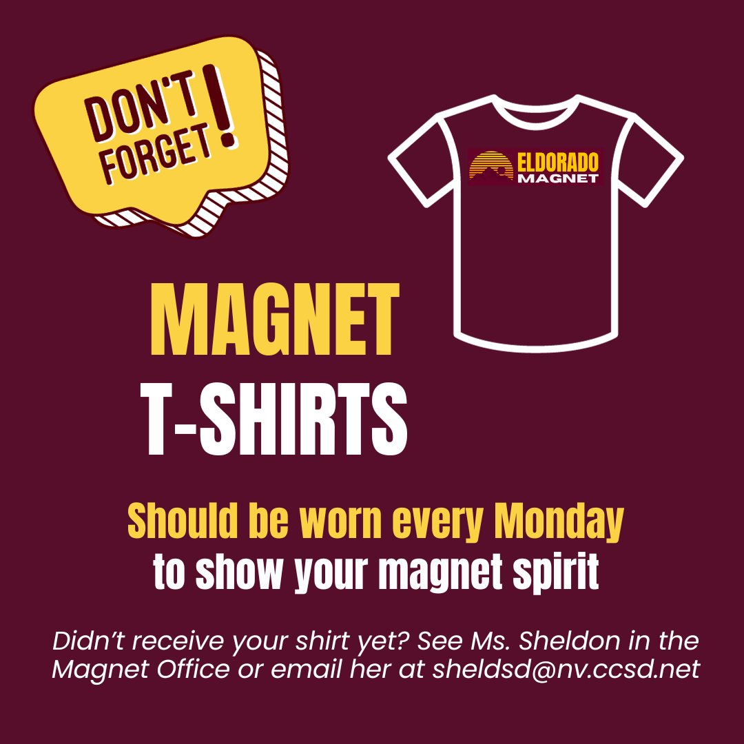 Don't forget to wear your magnet t-shirt EVERY MONDAY to show your magnet spirit!

Didn't get a shirt yet? Email Ms. Sheldon.

Spot Ms. Sheldon in the cafeteria both lunches on Monday for a fun prize, but you MUST be wearing your shirt! #magnetmonday #magnetspirit