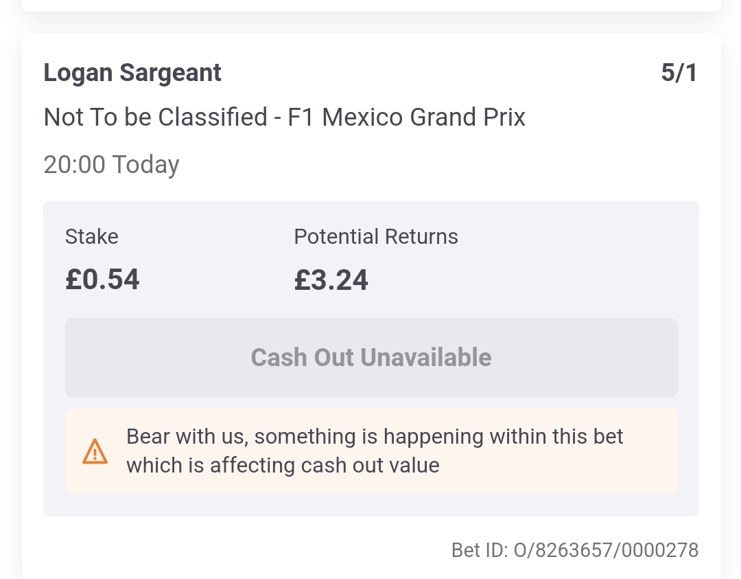 Jasperwrites's tweet photo. @AskPaddyPower will this bet be settled as a win given that he retired last lap? https://t.co/tlv10A2uWq