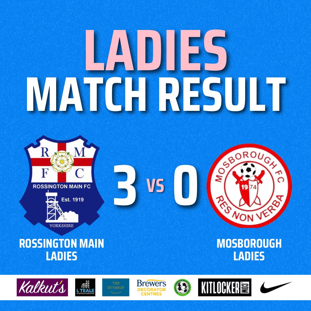 𝗟𝗔𝗗𝗜𝗘𝗦 𝗠𝗔𝗧𝗖𝗛 𝗥𝗘𝗦𝗨𝗟𝗧

Rossington Main Ladies 3️⃣ v 0️⃣ <a href="/MosboroughFC/">Mosborough F.C</a> Ladies

<a href="/MickeyFraser5/">Michael Fraser</a>’s ladies side take all three points thanks to goals from Fran Needham, Ellie Meanwell and Lauren Breen.

#UTM
