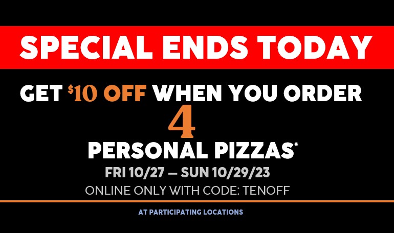 Get $10 off when you order 4 personal pizzas! 💵 Use code TENOFF at checkout - Valid on ONLINE ORDERS ONLY at order.thanx.com/piefivepizza *purchase any combination of four (4) personal Whatever I Want or Signature pizzas, get $10 off your purchase ($43.96 minimum purchase required).