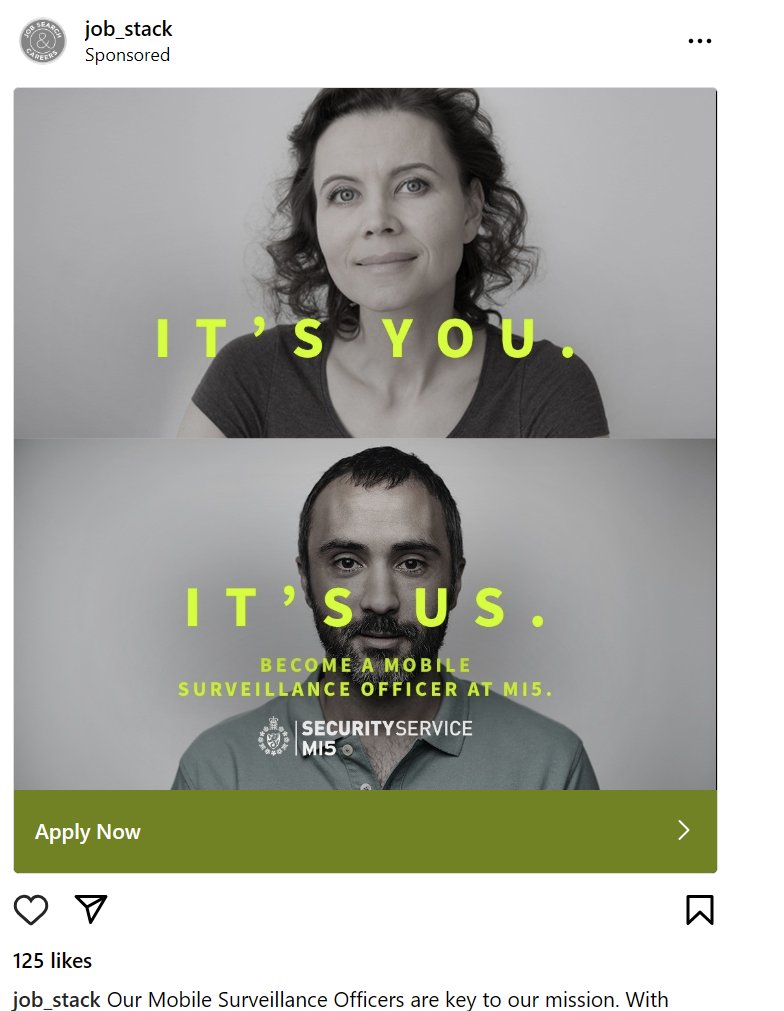 Twitter ads are bad. But instagram ads are worse, and weird. What algorithm selected this for me?
MI5, if you're reading I'm flattered to be selected for the ad, but no thanks.