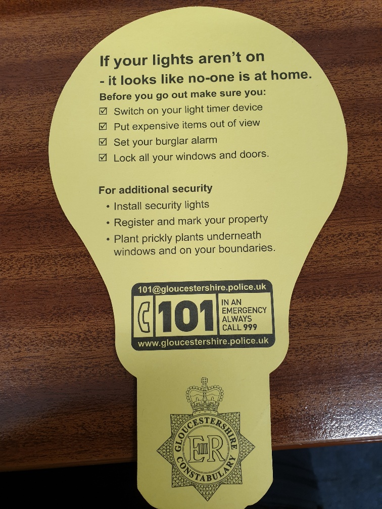 PCSOs from the Dursley Team have been in the  Cam & Wotton area delivering leaflets to households on how to protect your home.
Now the clocks have changed please take precautions and make your home safe .
#opswitch #saferhomes#saferneighbourhoods