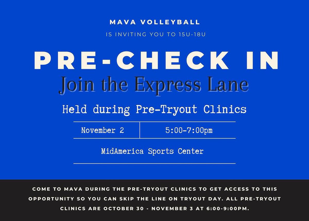 Pre-tryout check in opportunities are happening this week during our pre-tryout clinics for all 15u-18u players. It is highly recommended that you come and utilize the pre-check in on Thursday, November, 2nd
#WeAreMAVA #MAVAmakesLegends #clubvolleyball #tryouts