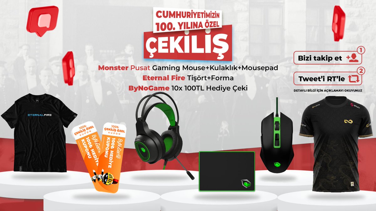 🇹🇷 Cumhuriyetimizin 100. yılına özel muhteşem bir çekiliş ile karşınızdayız!

🎁 Yapmanız Gerekenler:
1) <a href="/esporgazetesi/">Espor Gazetesi</a>, <a href="/bynogame/">ByNoGame</a> ve <a href="/monsternotebook/">Monster Notebook</a>'u takip et!
2) Gönderiyi retweet'le!
3) Yoruma 3 arkadaşını etiketle! (fazla etiket şansı artırır)

ℹ️ Kazanma şansını artırmak