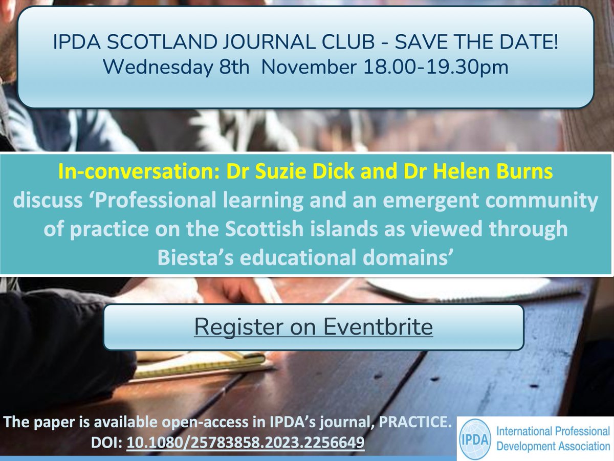 Join @ScotlandIpda for a Journal Club event with on 8th November with Dr Suzie Dick and Dr Helen Burns. View full details and register here: ipda.org.uk/8-november-202…