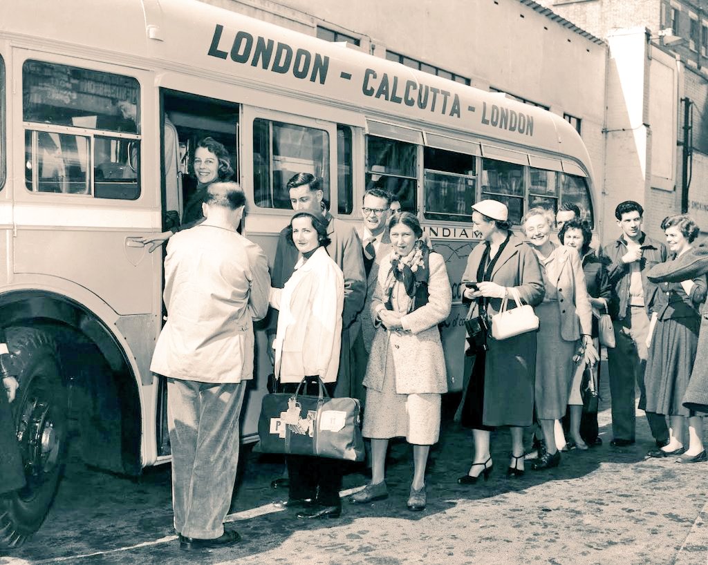 1957 :: London to Calcutta Bus at Victoria Coach Station , London