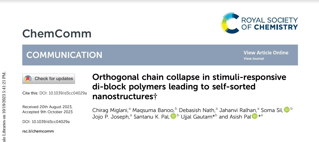 Co-assembled vesicles of the funtional diblock polymers under orthogonal light and redox cues to furnish self-sorted vesicles and micellar compartments. Congratulations to all.
 @chiragmiglani28 
@debasish5442
@ujjalgautam
@SANTANU03277687 @ChemCommun pubs.rsc.org/en/content/art…