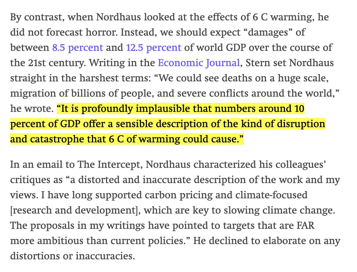 @jim27182 @ProfSteveKeen @ScientistRebel1 @ClimateHuman @camoranesi_jabo @AufstandLastGen @JustStop_Oil @ExtinctionR_DE @MuellerTadzio @DrJamesEHansen @RealTadzioM @dwallacewells What @cketchamwild gets wrong: the deluded idea of 'climate damages' in neoclassical (mainstream) economics, incl. in the IPCC, isn't '10% loss from current world GDP' but 10% from a future fantastical world economy an order of magnitude larger than today. theintercept.com/2023/10/29/wil…