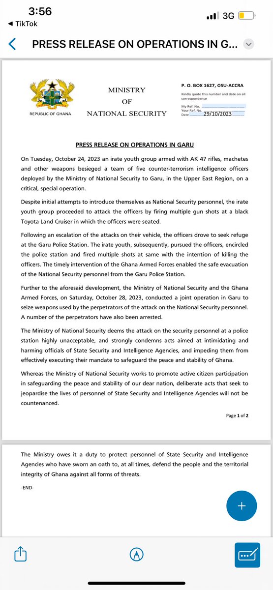 EsinamEli's tweet photo. Press release from the National Security. 
Please read ‼️

 #Illicitweapons 
#KusasiMamprusi
 #StopKillingOfficers https://t.co/9iQTSDhTKN