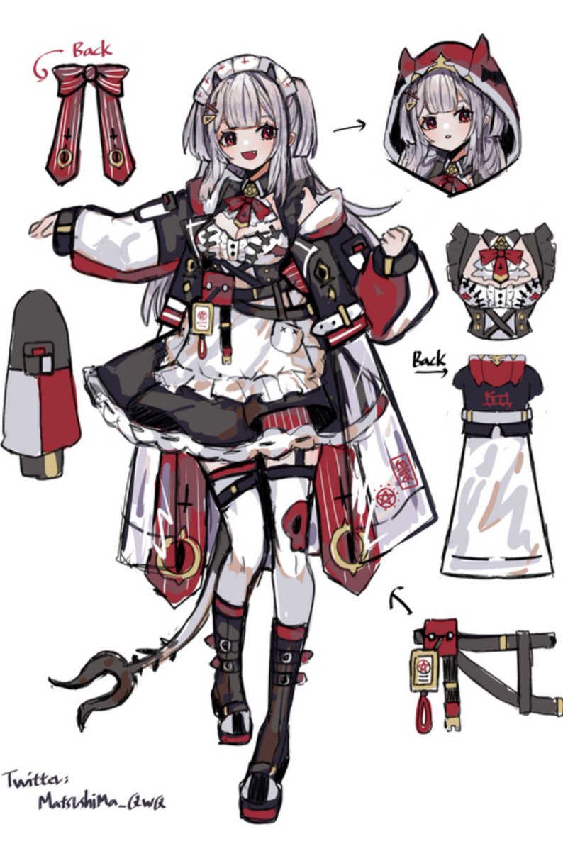 1girl grey hair hood tail maid headdress boots thighhighs  illustration images
