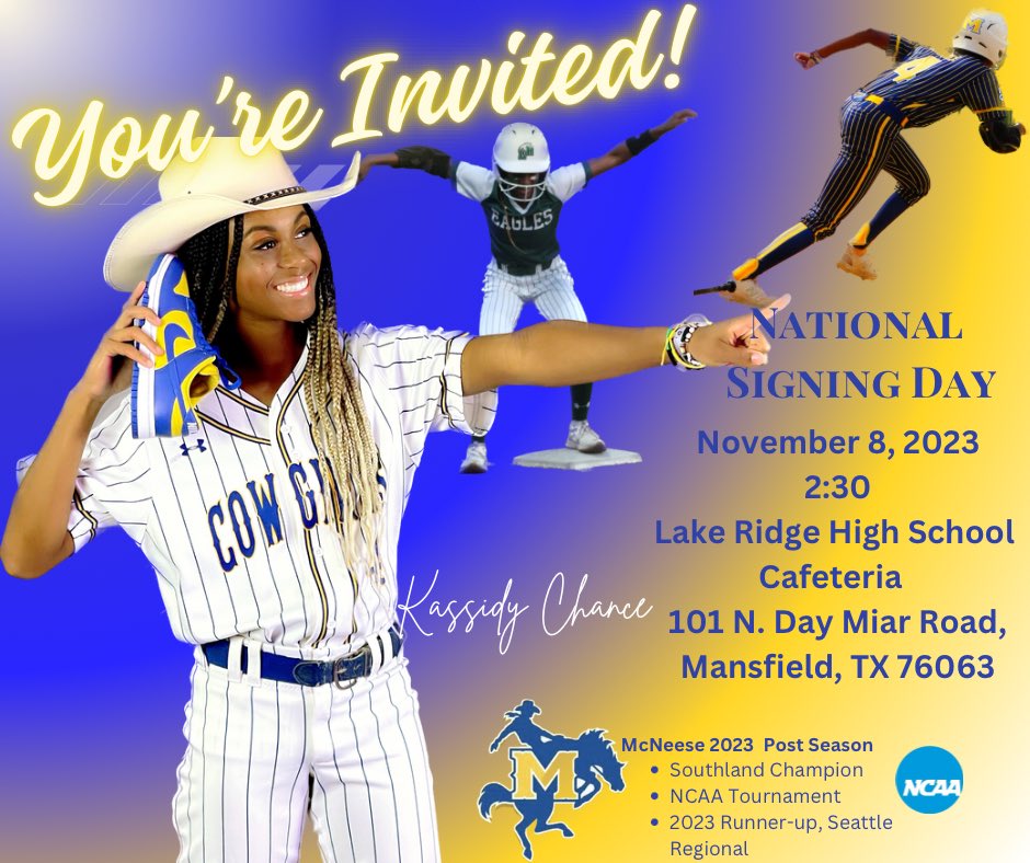 It’s time to sign!!! Can’t wait to be a cowgirl! Geaux Pokes!🤠💙💛 <a href="/McNeeseSoftball/">McNeese Softball</a>