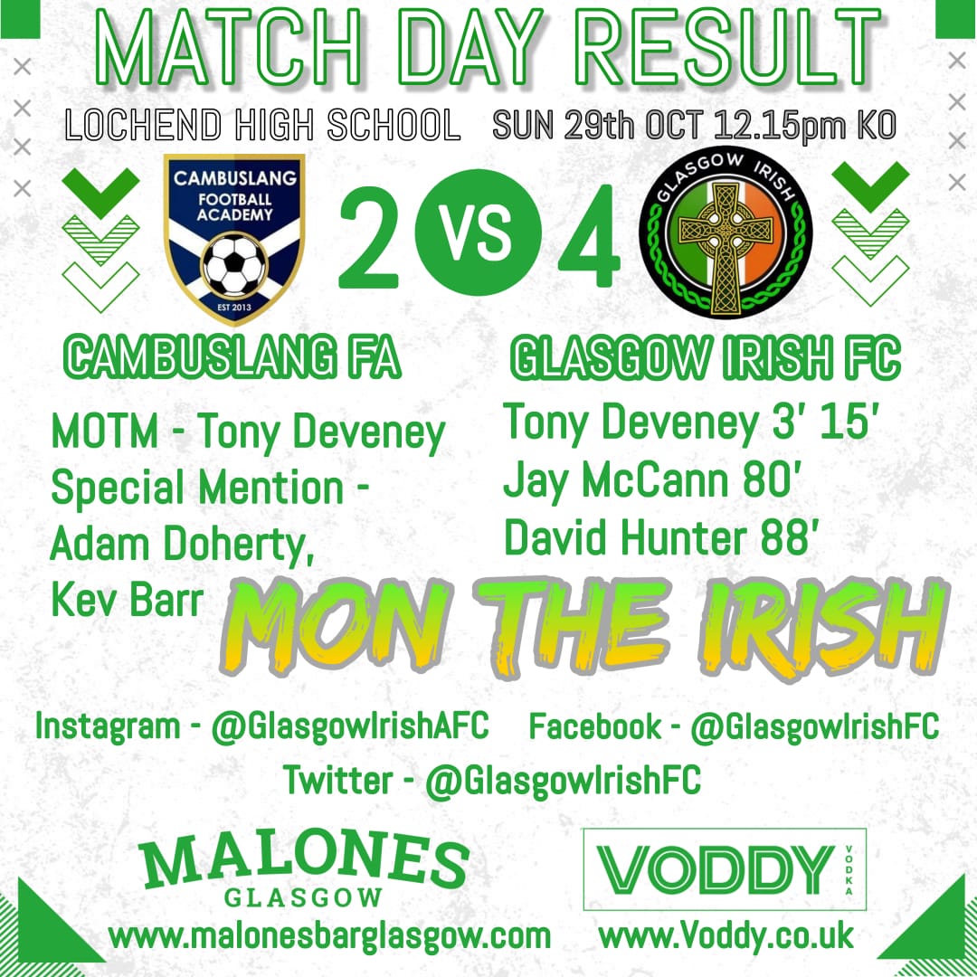 Good runout today for both sides. 2 late goals sealed the win in the end for the Irish 

Thanks as always to <a href="/MalonesGlasgow/">Malones Glasgow</a> and VODDY Vodka voddy.co.uk