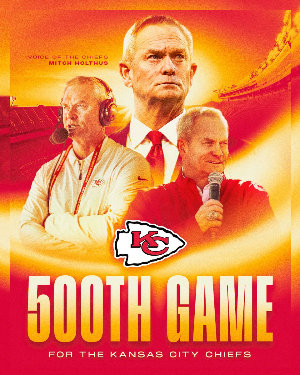 Chiefs's tweet image. That's a whole lot of TOUCHDOWN KANSAS CITY's. 

Congratulations on your 500th game, @mitchholthus! 👏