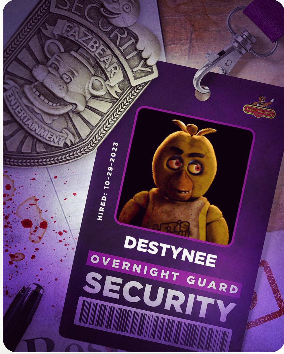 yay! my first shift starts tonight and i can’t wait to hang with my work bestie, balloon boy 🤭 but how cool is this badge?!? thanks <a href="/FNAFMovie/">Five Nights at Freddy's</a> - it’s the little things🔥🥰💯 #fivenightsatfreddys #fnaf