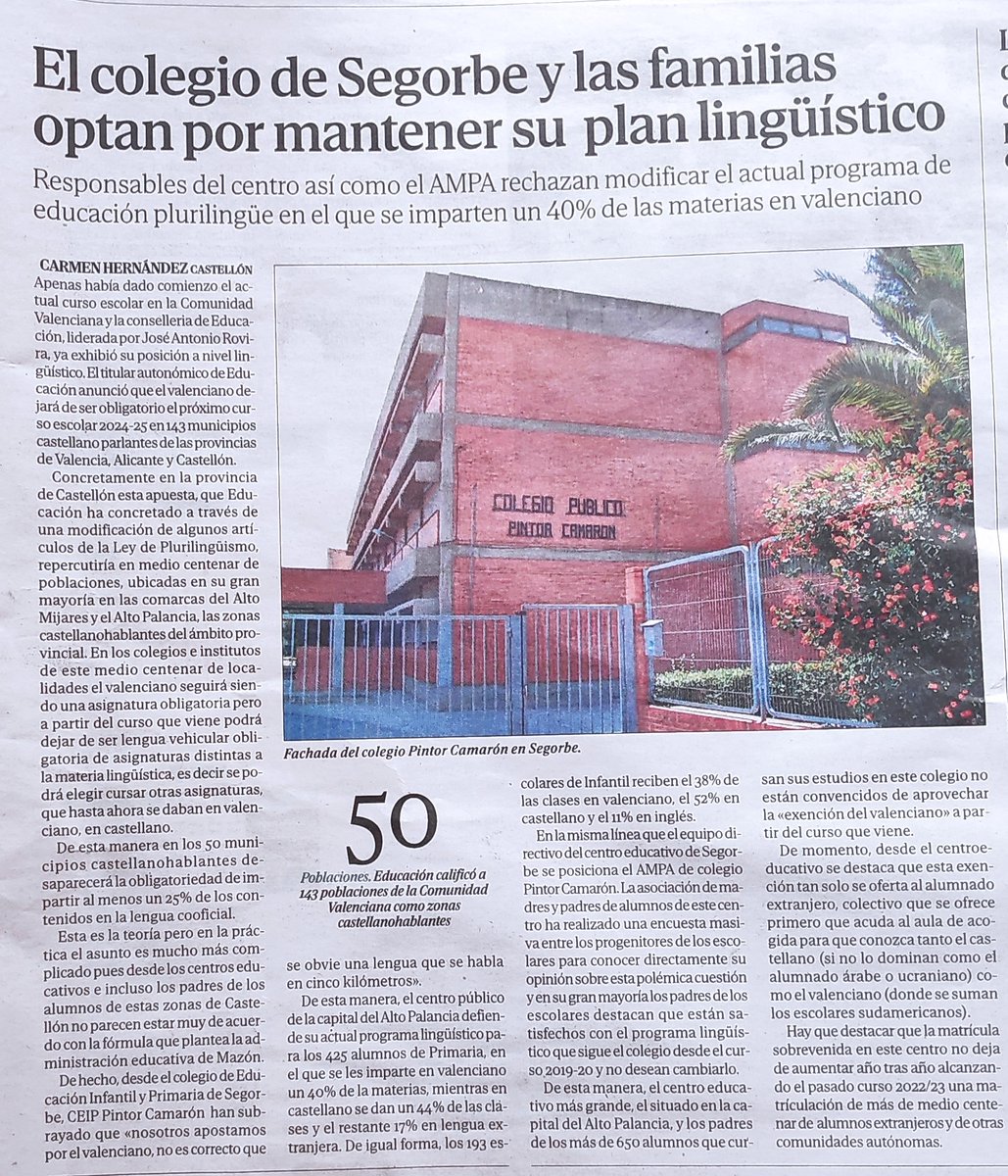 Sogorb és una ciutat castellanoparlant. Un dels seus principals col·legis mantindrà un 40% de la docència en valencià: "Apostamos por el valenciano, no es correcto que se obvie una lengua que se habla en 5 km". Tot el meu respecte i consideració. Eixa és l'actitud...😉