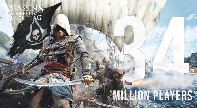 Edward Kenway, from Assassin's Creed IV Black Flag, is standing on a boat in the middle of a battle with his sword and pistol at the ready. Behind him is a black flag with the Assassin Crest and a skull in the middle. Cannons are firing in the background, debris is flying, and enemy ship is sinking. Blackbeard and Adewale are to the right of Edward preparing for battle. 

In the top left a graphic reads "Assassin's Creed IV Black Flag." and to the right a graphic reads "34 Million Players." 