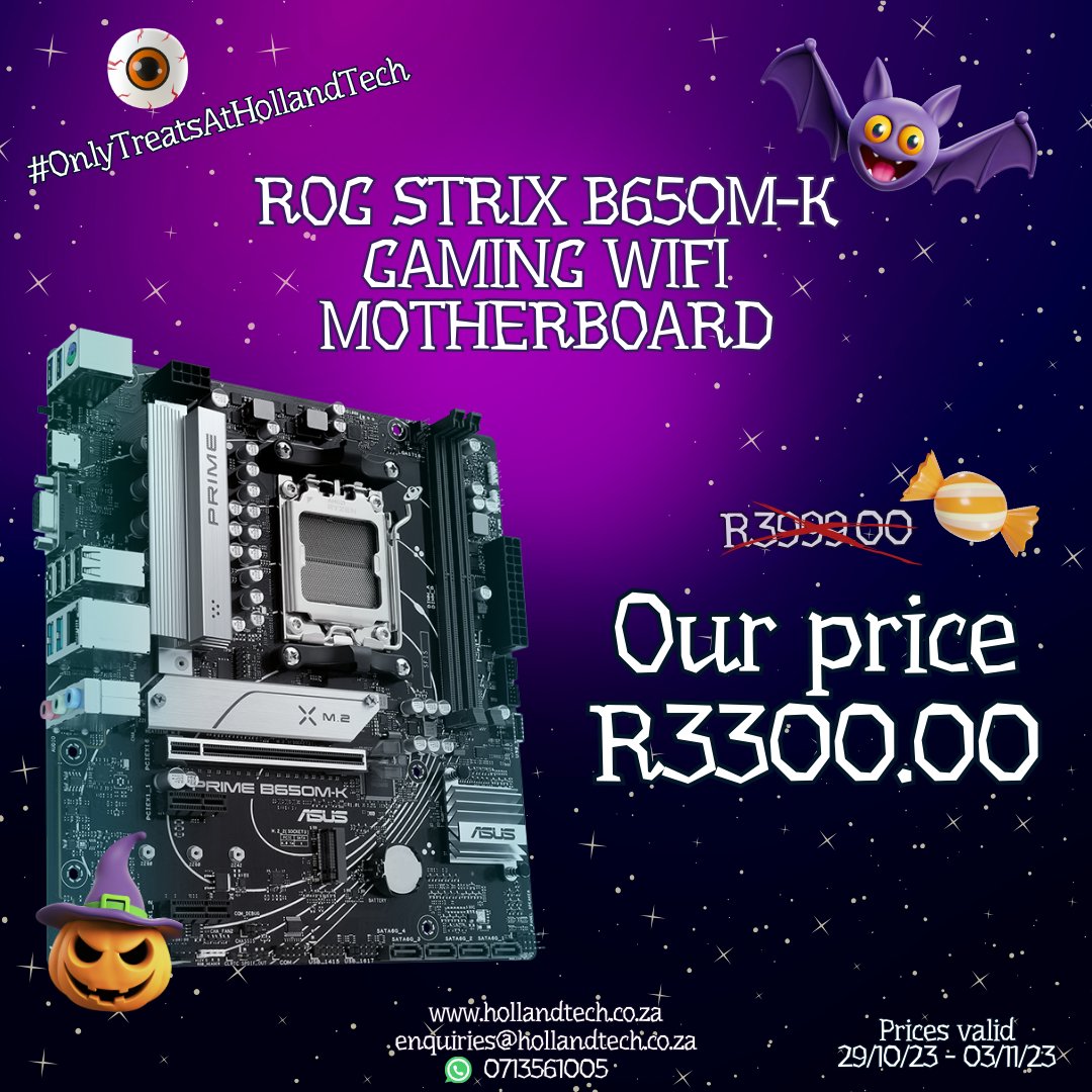 🕷️ Weave through the ultimate gaming experience with ROG STRIX B650M-K Gaming Wifi Motherboard! Grab yours at an amazing discount this Halloween season! 🖥️🕸️ #OnlyTreatsAtHollandTech #GamingEssentials #SpookySavings