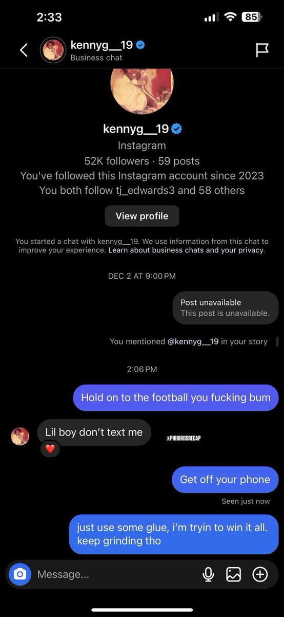 THIS IS INSANE: #Eagles RB Kenneth Gainwell was replying to IG DM’s during halftime. 

😳😳😳

That is a something that gets you cut from the team.