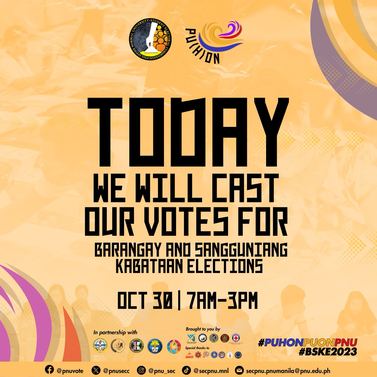 pnusecmnl's tweet photo. IT'S THE D-DAY!

Participate with this event as we elect our leaders in their respective barangays. The Precincts are open from 7AM to 3PM only.

Be responsible voter, be Witty, Wisely, and Wani as always!

#BSKE2023
#PuhonPuonPNU
#HopefulBrightAndDreamySEC https://t.co/aFNJBxvz5s