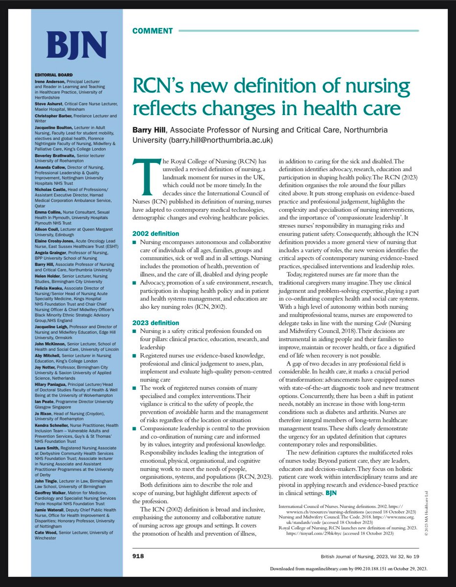 Hill, B. (2023) RCN's new definition of nursing reflects changes in health care. British Journal of Nursing, 32,19, p.918.