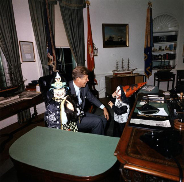 Twenty-four days before assassination, JFK greets his children in their Halloween costumes, sixty years ago tonight: