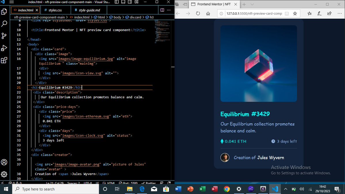 JsuJosue's tweet photo. Starting out the new week excited 
Just concluded a project on HTML and CSS.

NFT preview card component ✅✅
It's has been going quite well with @365Code_ 

Cheers🥂🥂 https://t.co/ysF1F4Uz2w