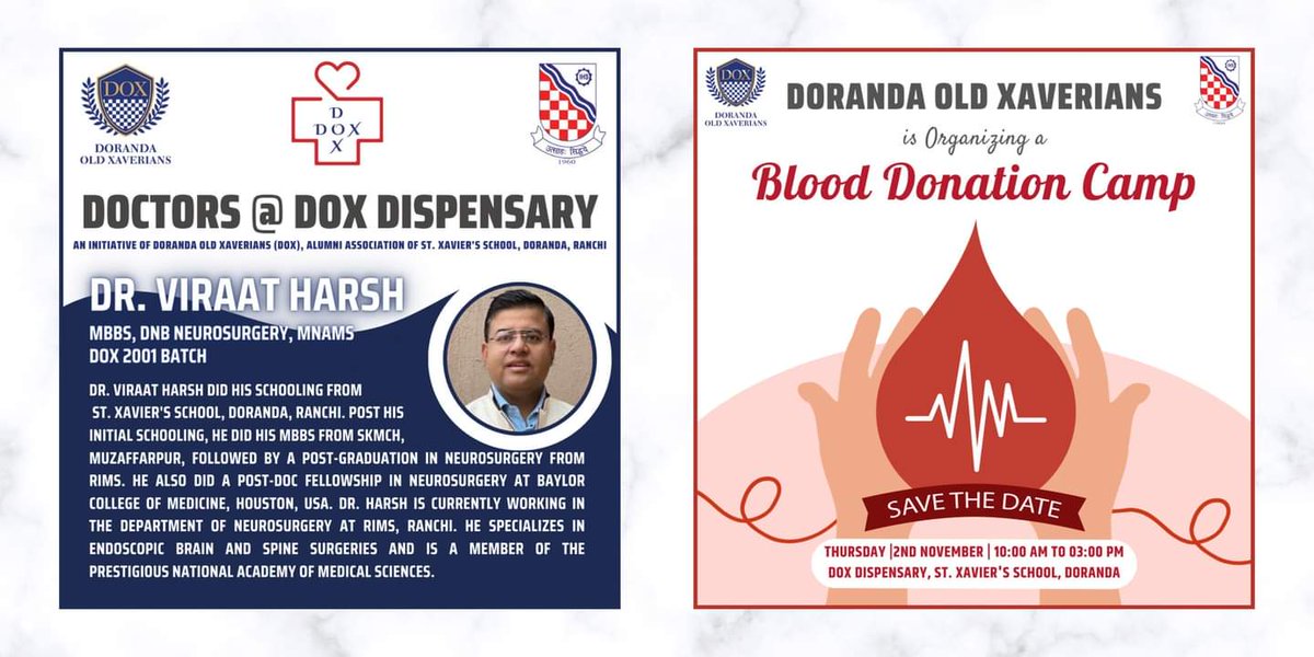 Dispensary (Neuro) & Blood Donation camp on 2nd Nov.

Blood Donation - 10AM - 3 PM
Dispensary - 5 PM - 6:30 PM 
@viraatharsh @jaaindia @HLTH_JHARKHAND @JharkhandCMO @DC_Ranchi @atulgera007 @budhiaa @suyashkhemka @rahulbh68421284 @alokminocha @vipulagrawal @niteshpriya @Jay_Sinha