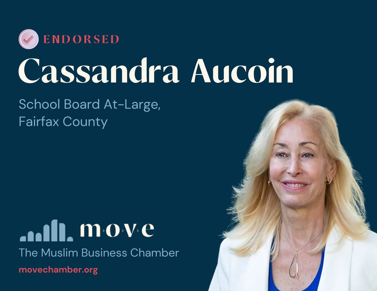 I'm proud to be endorsed by MOVE Business Chamber of Commerce, whose mission is to connect, inform, promote, &amp; advocate for Muslim businesses by providing access to opportunities and removing barriers.  On the School Board, I will be a voice for our diverse #Fairfax community.