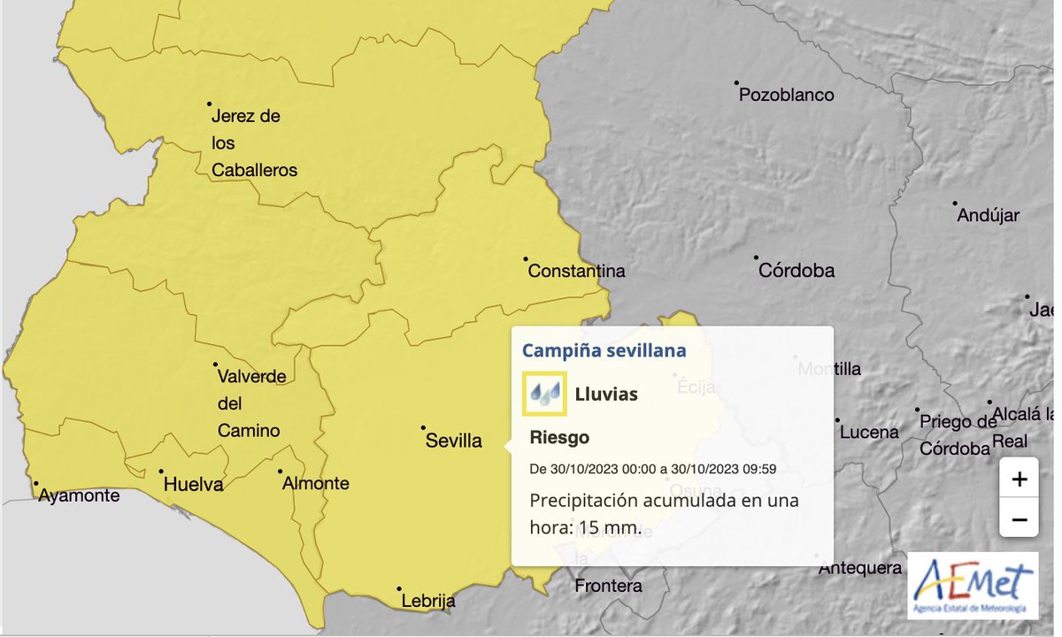 EmergenciasSev's tweet photo. 🌧️En las próximas horas se esperan precipitaciones en #Sevilla.
🟨A partir de las 00:00 h. @AEMET_Esp activará un aviso nivel amarillo por lluvias en #Sevilla.
Extrema las precauciones en tus desplazamientos.
Consulta el estado de las carreteras en https://t.co/iuyfaWG2Nj 
#SeguridadCiudadana @Ayto_Sevilla