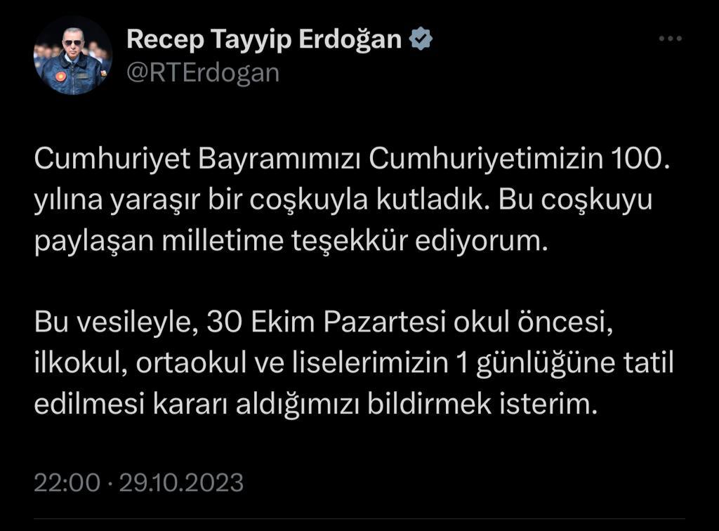 30 Ekim Pazartesi günü, okul öncesi, ilkokul, ortaokul ve liselerimiz bir günlüğüne tatil edilmiş olup 31 Ekim Salı günü eğitim öğretime devam edilecektir...