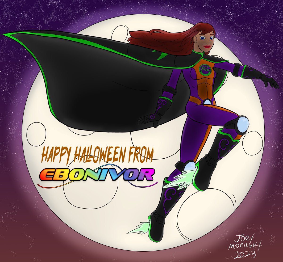 With Halloween coming this week, this is a great opportunity to do Ebonivor flying through the night in her Halloween Costume.

#ebonivor #halloween #HappyHalloween #superhero #originalcharacter #indiesuperheroes #indiecomics #flight #moon