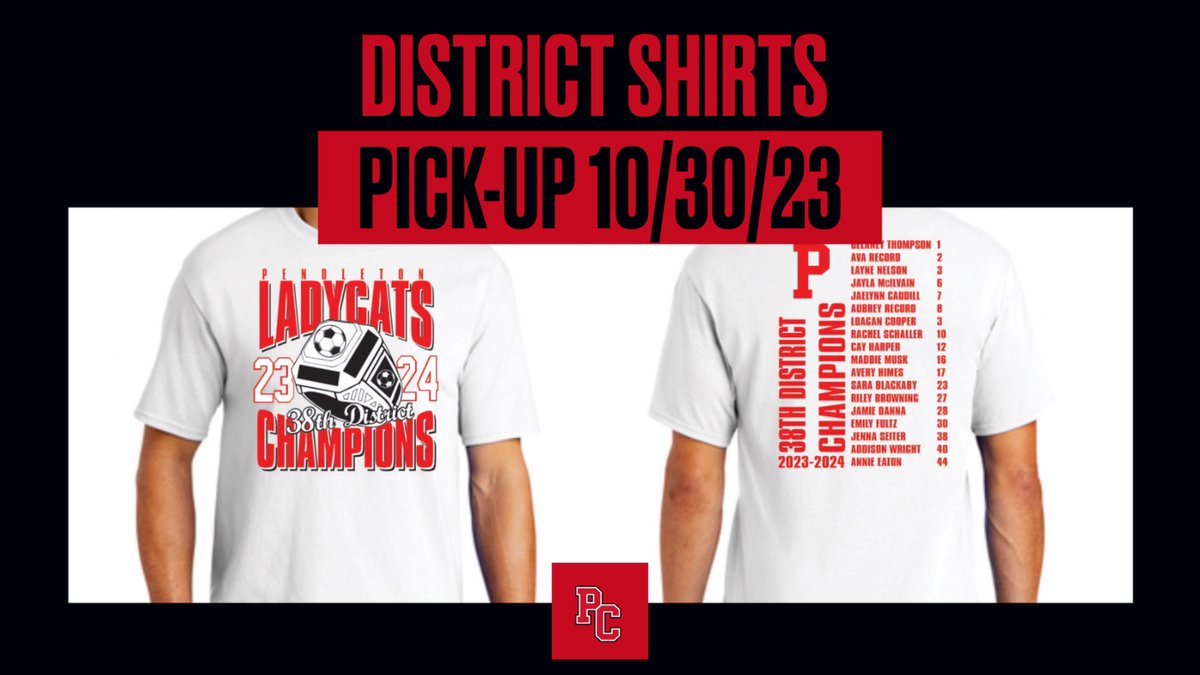District Champion shirts are ready for pickup.
pick