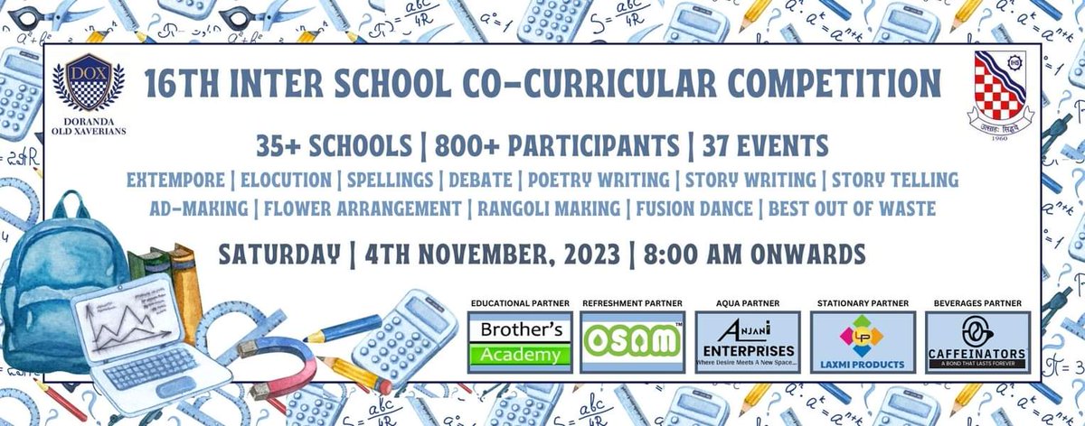 35+ Schools | 800+ Participants | 37 Events. 16th Edition of the biggest inter-school event is here! @jaaindia @budhiaa @suyashkhemka @rahulbh68421284 @alokminocha @vipulagrawal @niteshpriya @UtsavParasar @DOXRanchi @Jay_Sinha